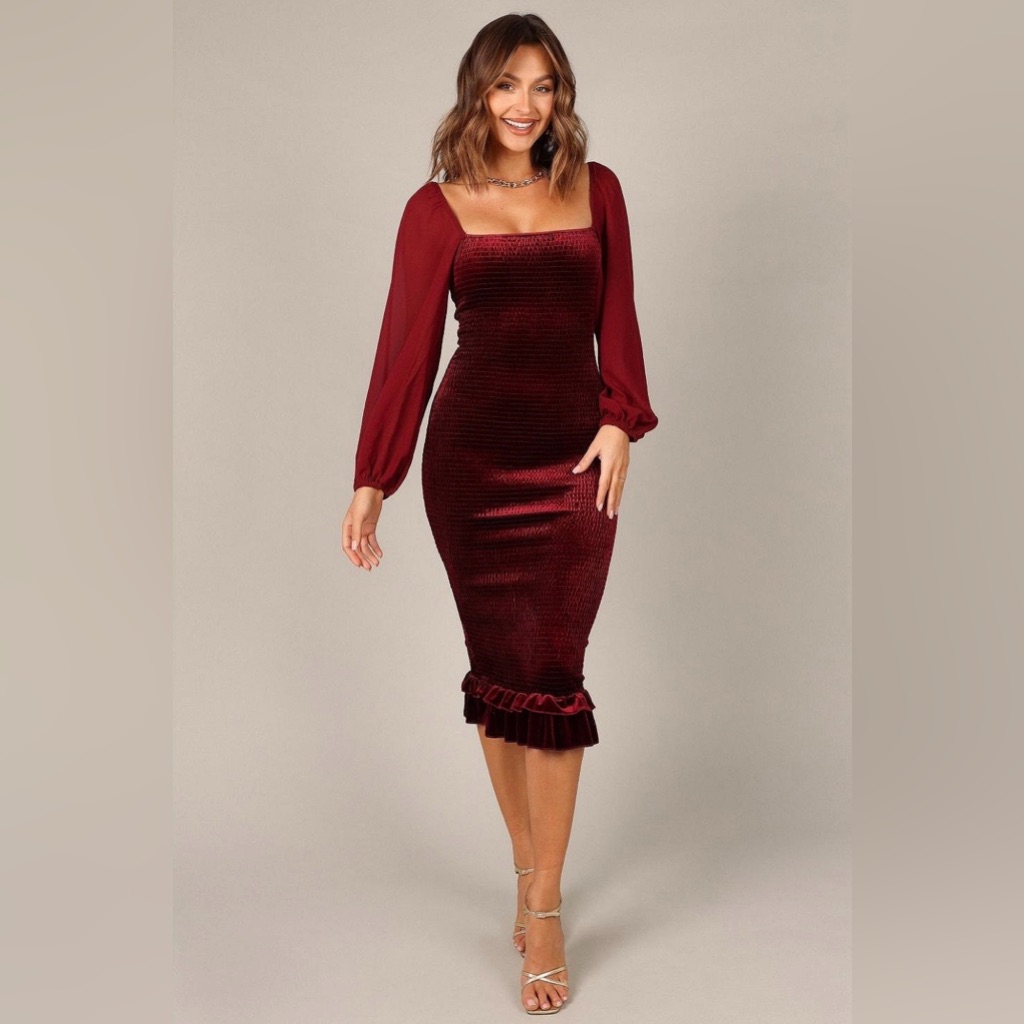 Nwt Petal + Pup Belinda Shirred Frill Long Sleeve Bodycon Midi Dress In Wine Xl